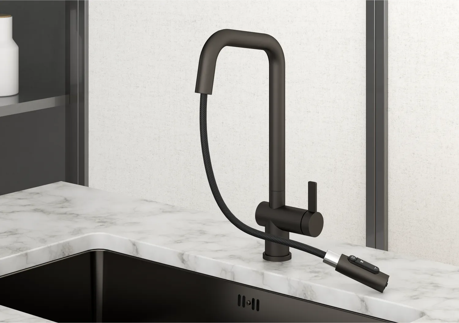 KS-7273, ГРАФИТ МАТОВЫЙ, Смеситель кухонный с выдвижным изливом с переключением на душ и фильтром,сталь