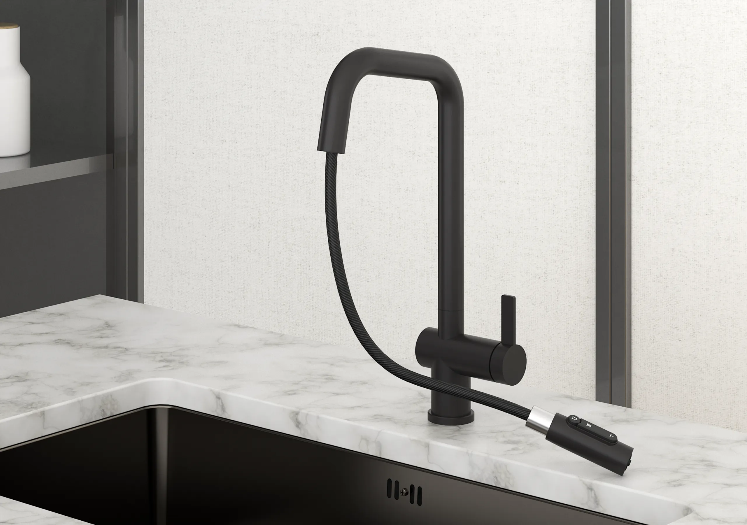 Смеситель для кухни Granula Kitchen Space 7273 черный матовый, подключение к фильтру, выдвижной излив, с душем