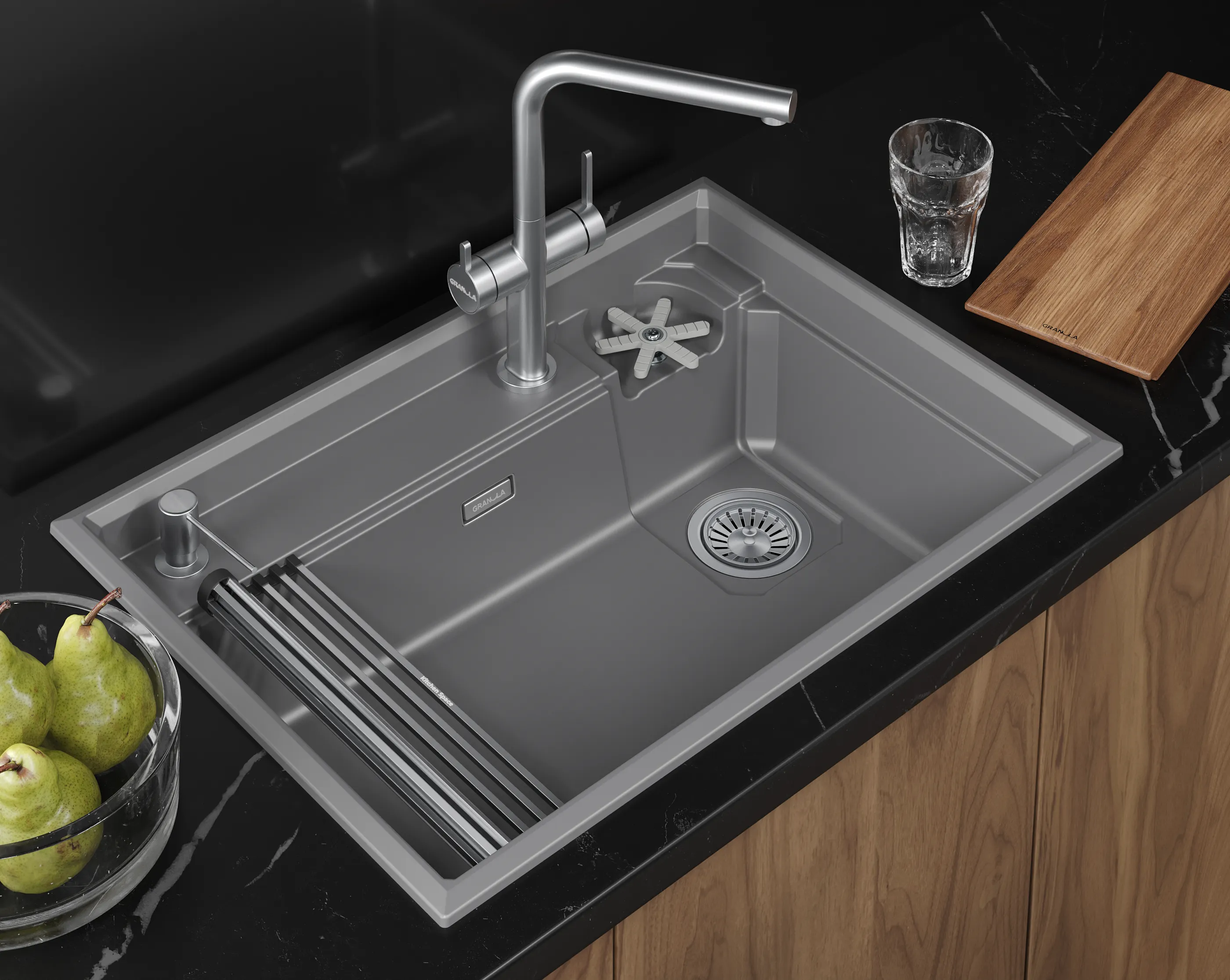 Мойка для кухни GRANULA Kitchen Space, 7308R, АЛЮМИНИУМ, Серый, Прямоугольная, 730х520х245