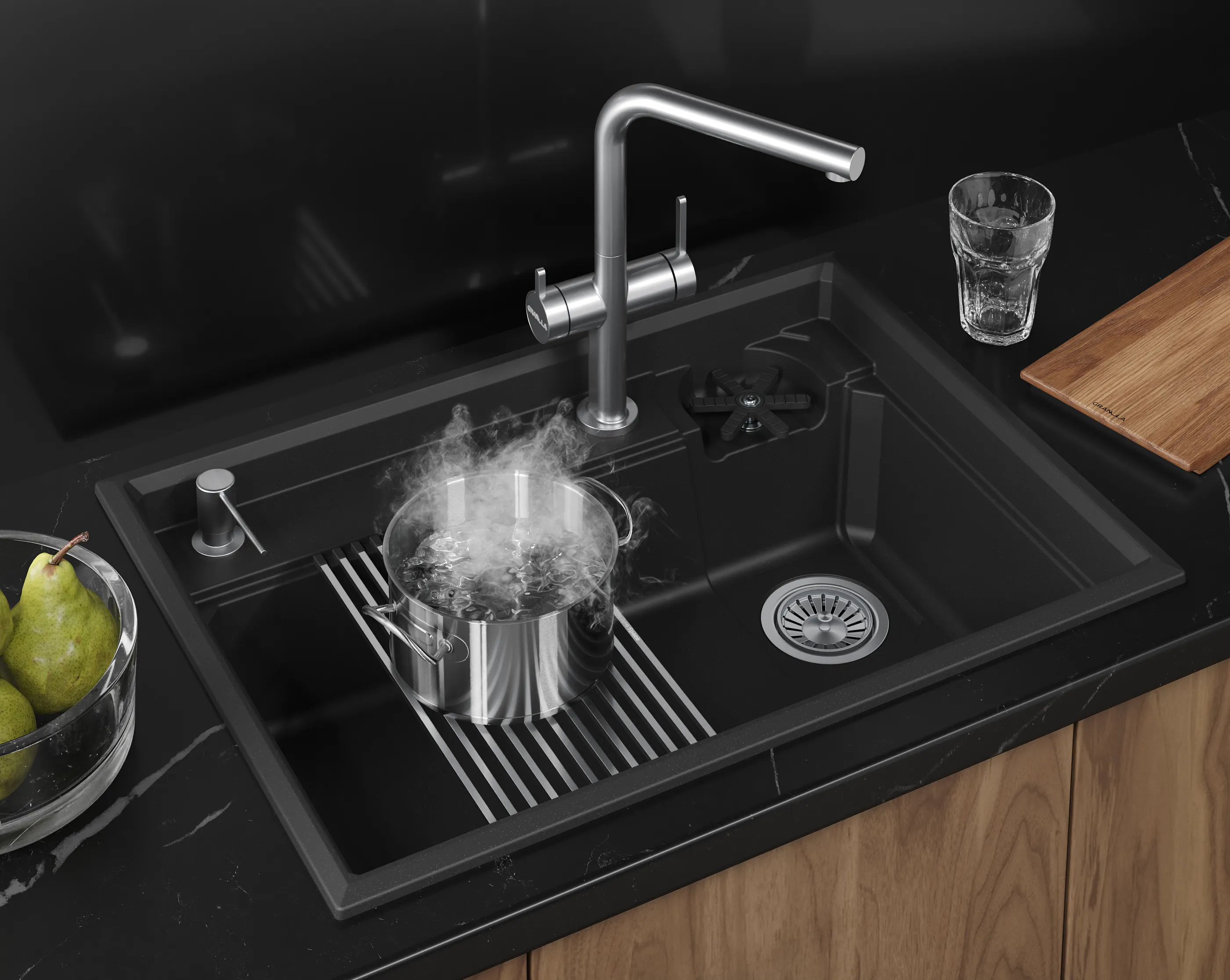 Мойка для кухни Granula Kitchen Space Rinzer 7308R черный, 73х52 см, прямоугольная