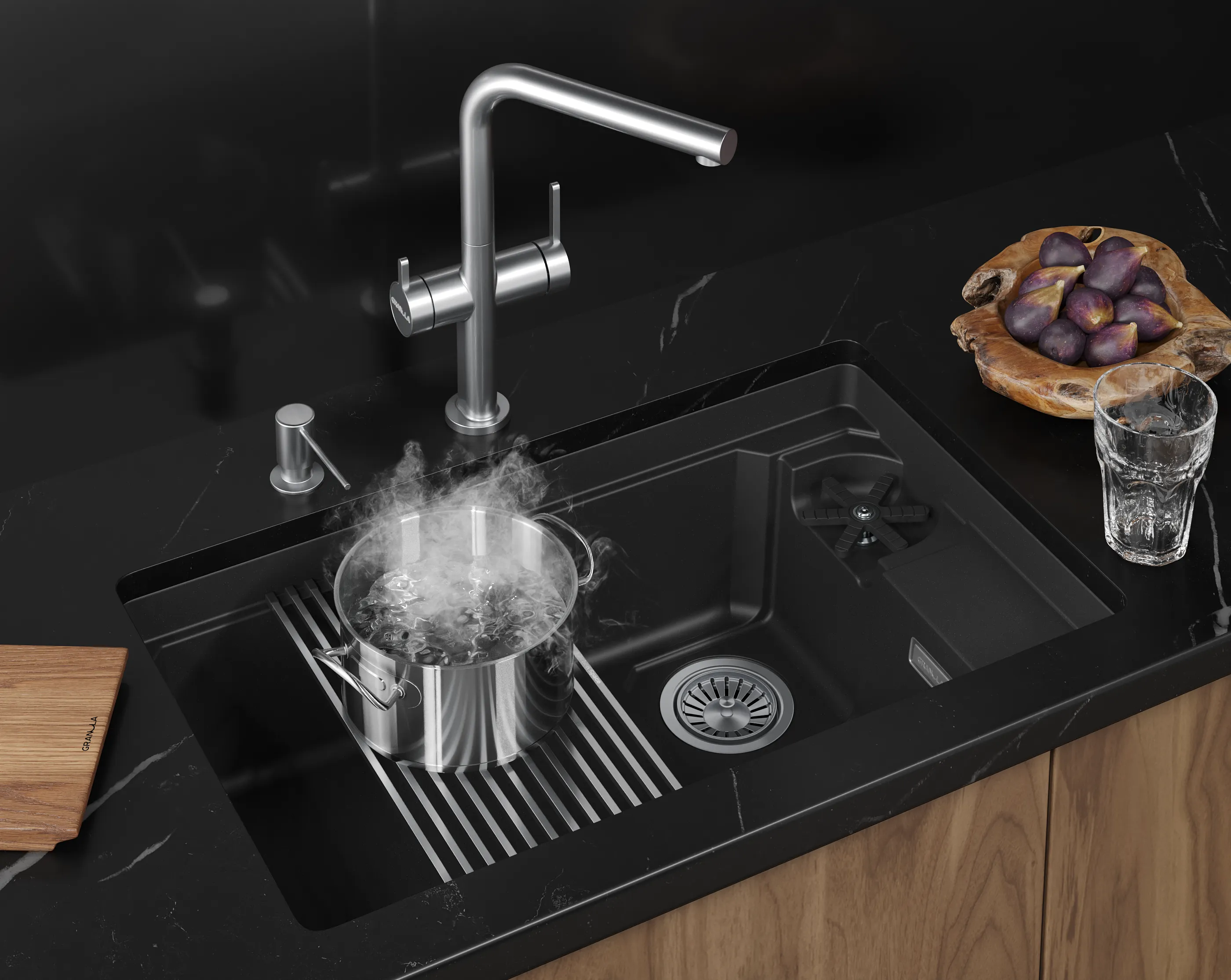 Мойка для кухни Granula Kitchen Space Rinzer 7309RU черный, 73х45 см, прямоугольная
