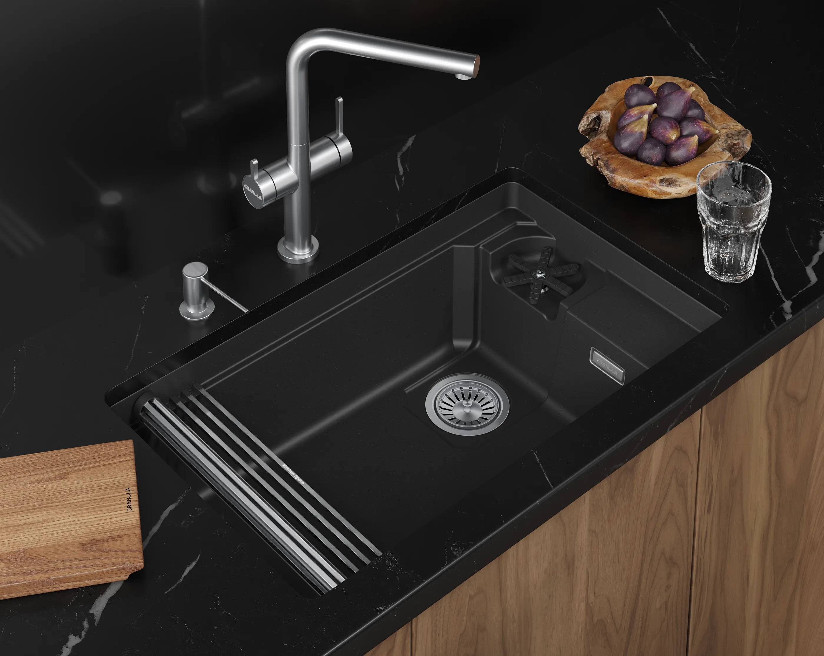Мойка для кухни Granula Kitchen Space Rinzer 7309RU черный, 73х45 см, прямоугольная
