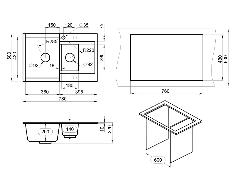 Мойка для кухни Granula Estetica 7808 алюминиум, 78х50 см, прямоугольная