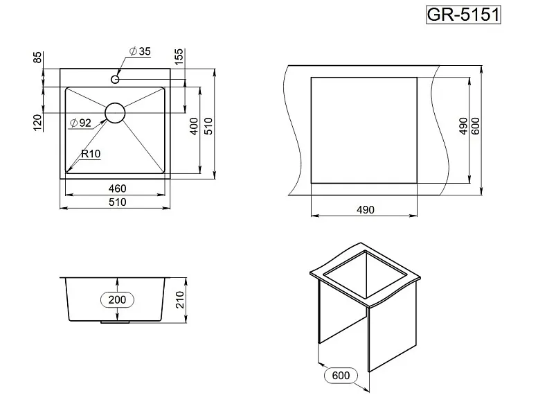 Мойка для кухни Granula 5151 золото сатин, 51х51 см, квадратная