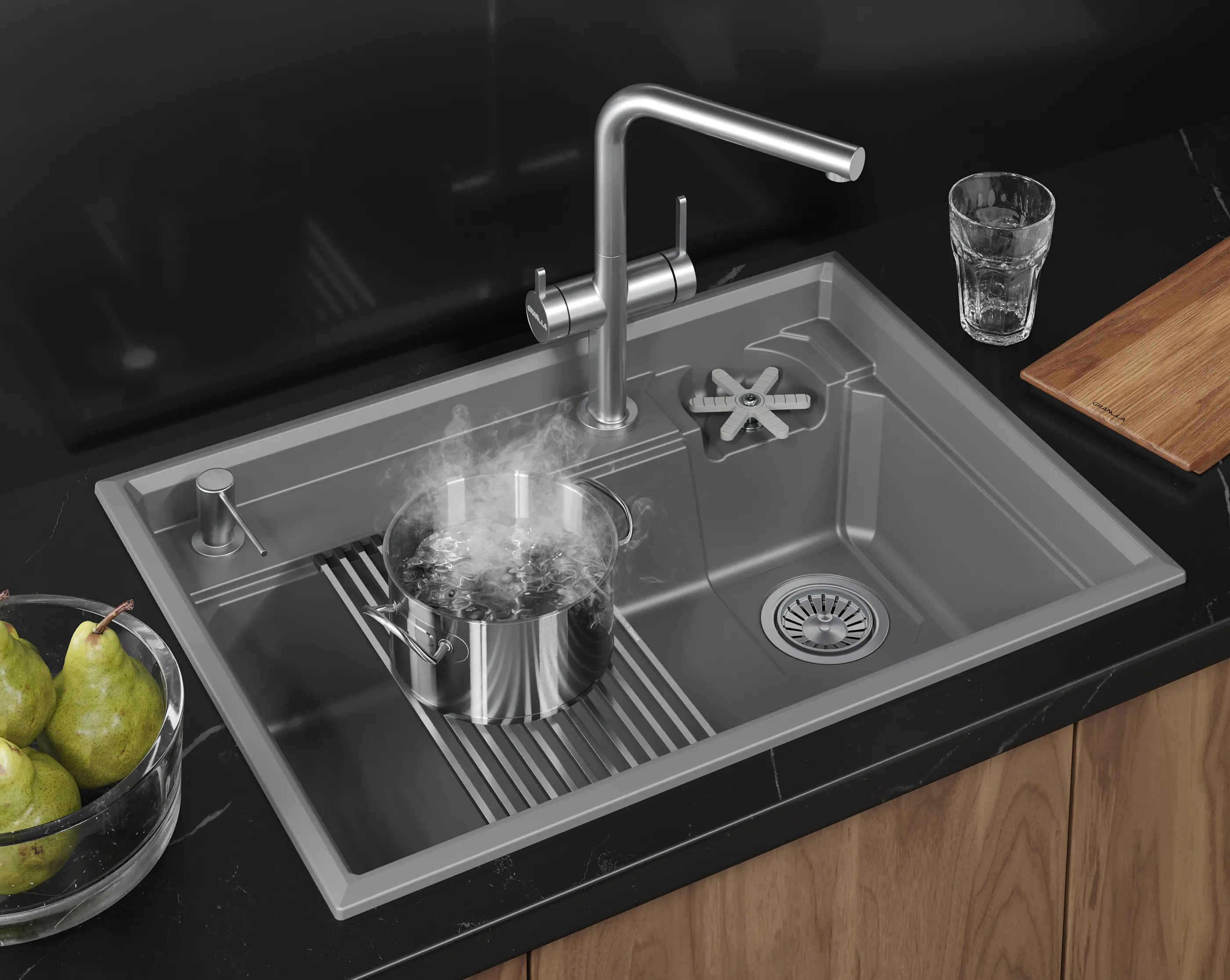 Мойка для кухни GRANULA Kitchen Space, 7308R, АЛЮМИНИУМ, Серый, Прямоугольная, 730х520х245