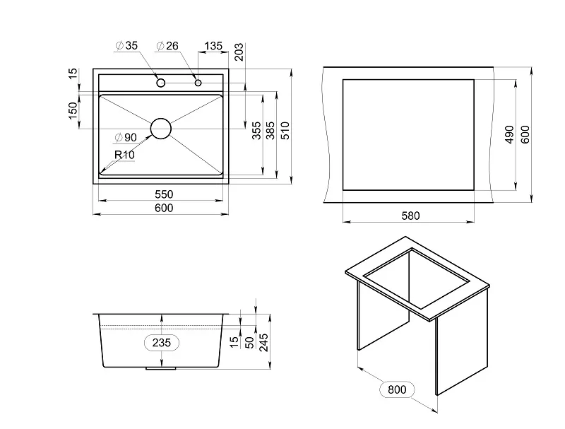 Мойка для кухни Granula Kitchen Space 6051 сталь матовая, 60х51 см, прямоугольная
