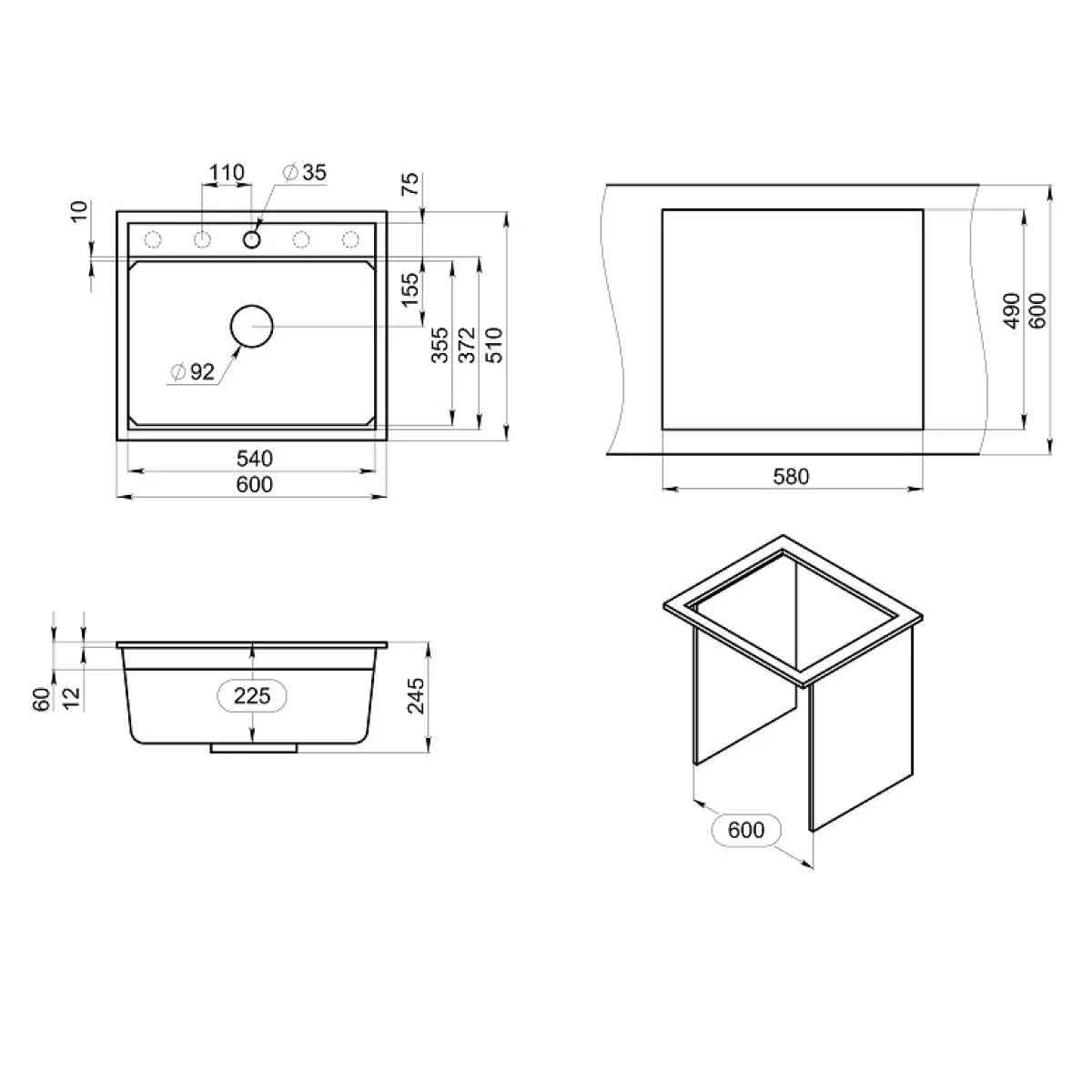 Мойка для кухни Granula Kitchen Space 6003i алюминиум, 60х51 см, прямоугольная