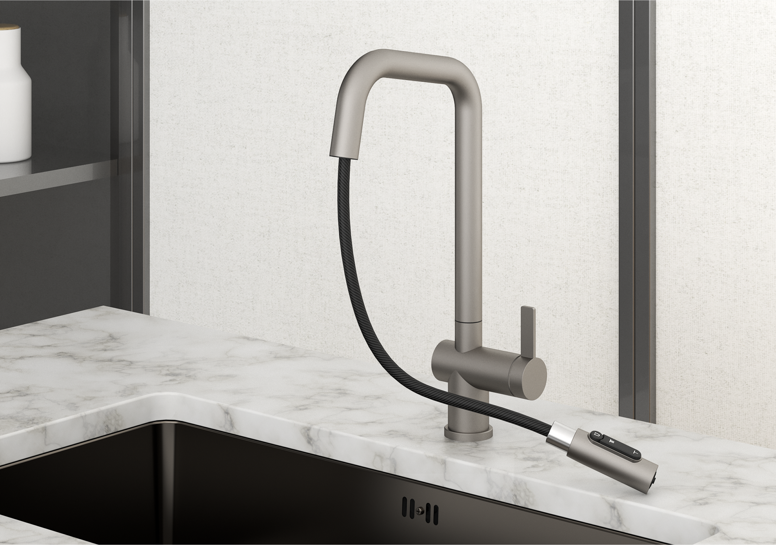 KS-7273, СТАЛЬ МАТОВАЯ, Смеситель кухонный с выдвижным изливом с переключением на душ и фильтром, сталь