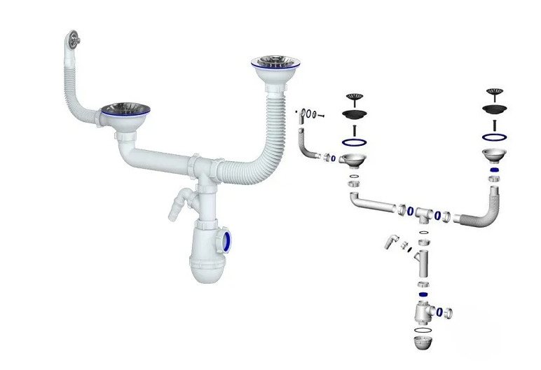 Сифон двойной GRAND+ 3 1/2&quot; телескоп. труб. с поворот. чашей, круг перелив. и отвод (СН 3143-11-40)