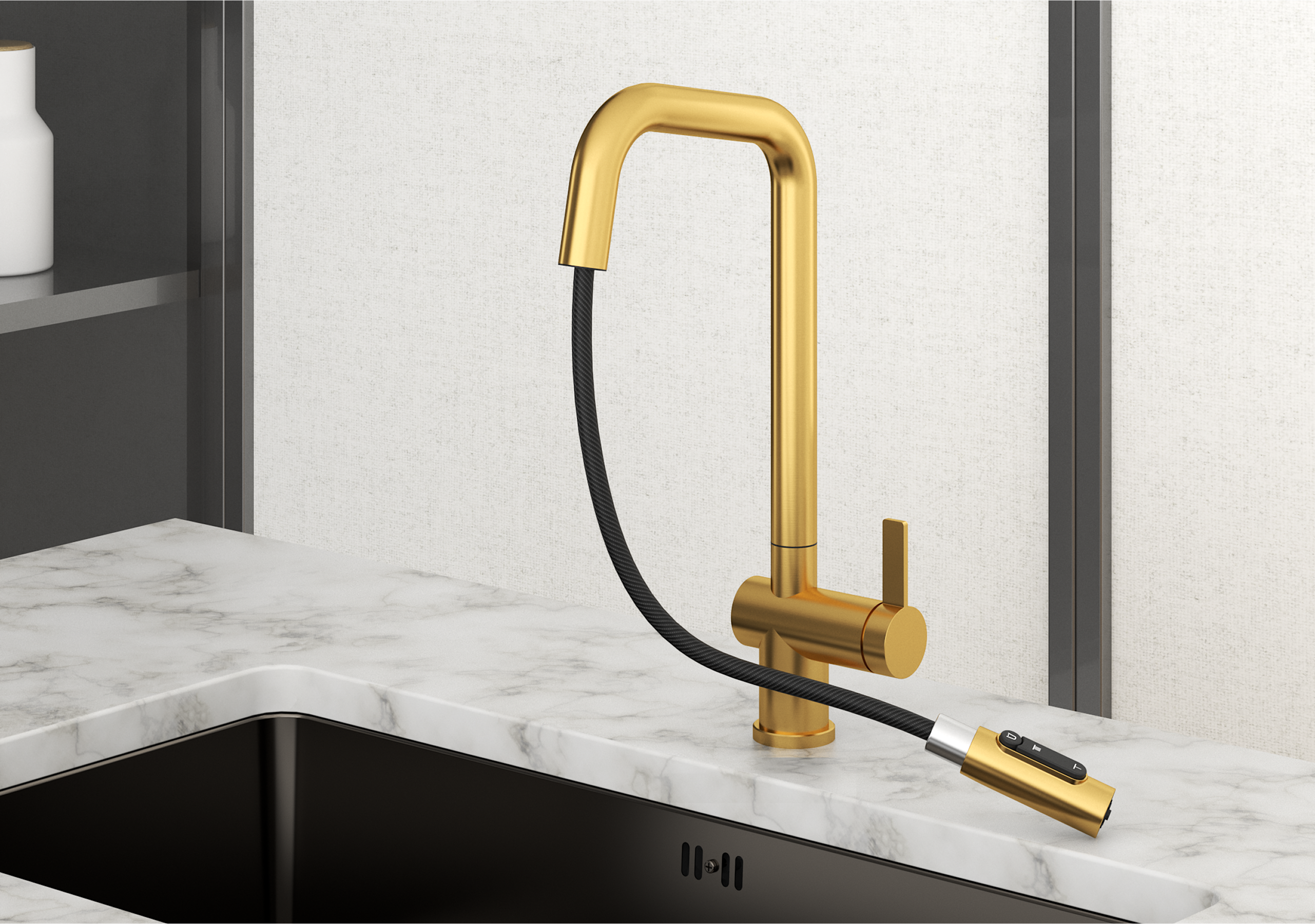 KS-7273, ЗОЛОТО САТИН, Смеситель кухонный с выдвижным изливом с переключением на душ и фильтром,сталь