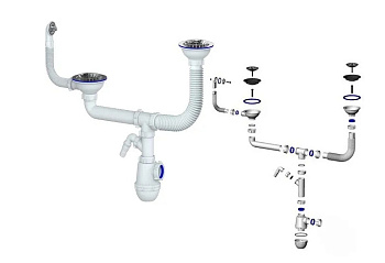 Сифон двойной GRAND+ 3 1/2&quot; телескоп. труб. с поворот. чашей, круг перелив. и отвод (СН 3143-11-40)